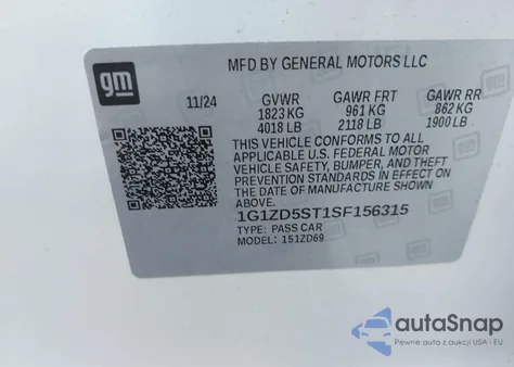 2025 Chevrolet Malibu Fwd 1Lt z USA, uszkodzony, nr VIN 1G1ZD5ST1SF156315